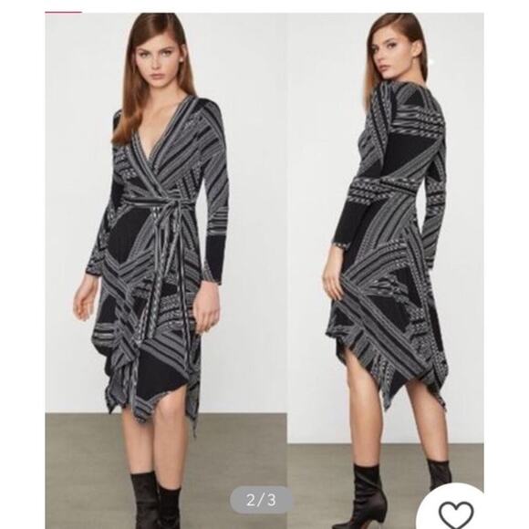 BCBG Max Azria Wrap Dress Black White Geometric Striped XXS Handkerchief Hem - Picture 1 of 9